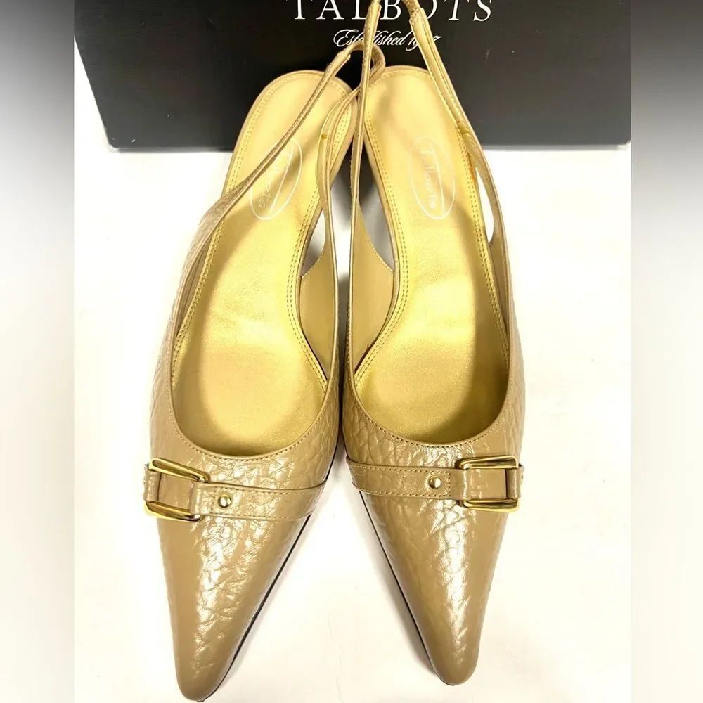 Talbots Taupe Pointed-Toe Slingback kitten heel with Gold Buckle